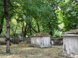 Grave markers amongst trees in Bunhill Fields